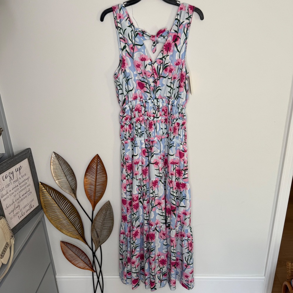 NWT Entro Flower Field Maxi‎ Dress Pink Blue Floral Smocked Tiered Sleeveless S